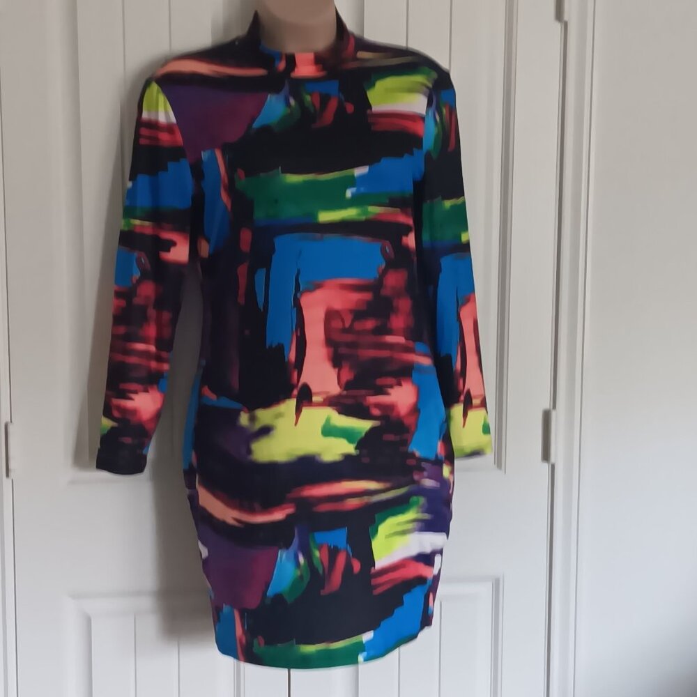 Multicolor Abstract Print Dress 2XL Long Sleeve Polyester & Spandex Women's